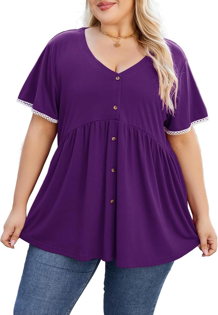 Beauhuty Women's Plus Size Shirts V Neck Button Front Tops Lace Ruffle Short Sleeve Blouse Casual Flowy Pleated Tunic Summer (XX-Large, Purple)