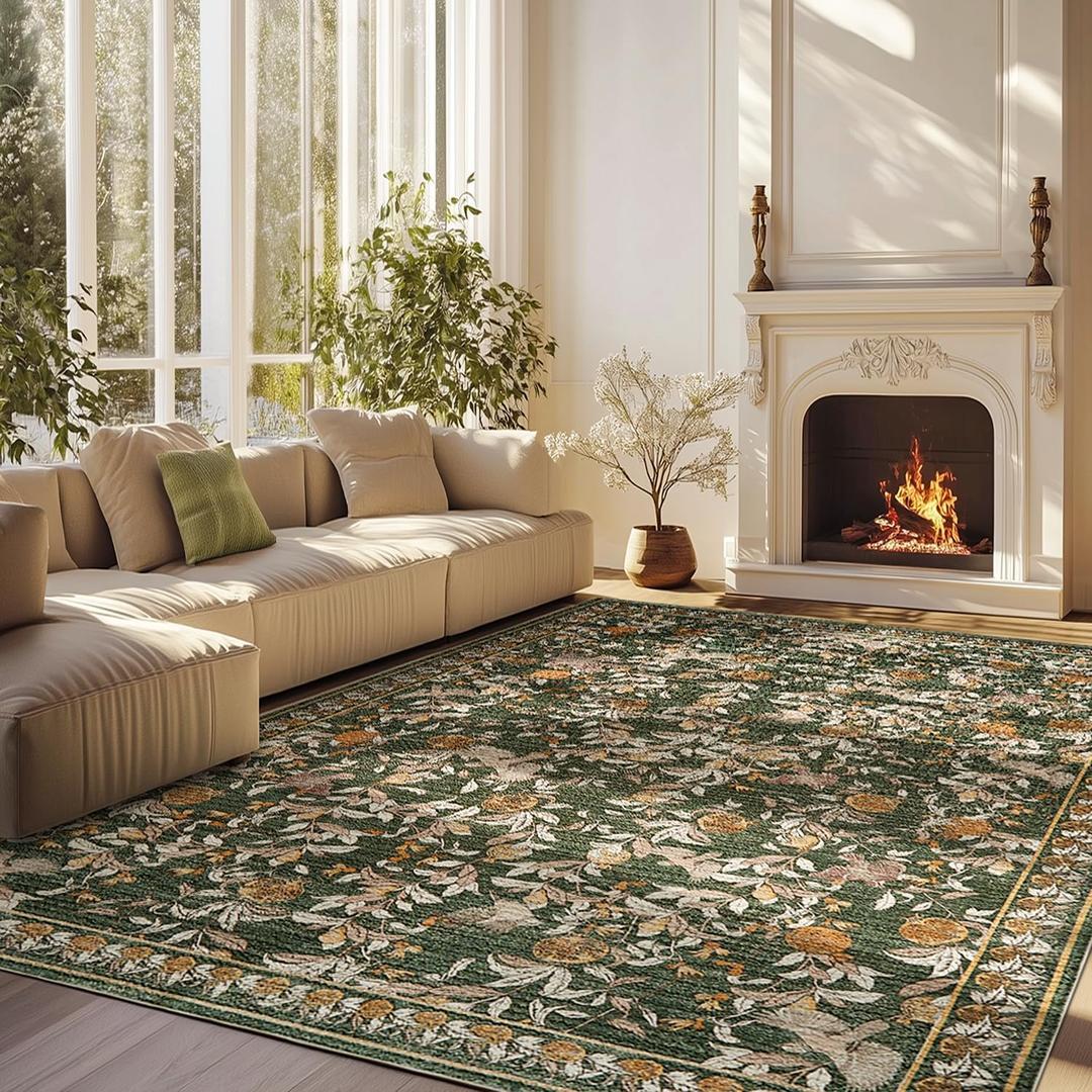 jinchan Eden 8x10 Floral Area Rug Vintage Washable Throw Rug Soft Non-Slip Low Pile Distressed Large Orange Green Carpet for Living Room Bedroom Dining Room Office Nursery