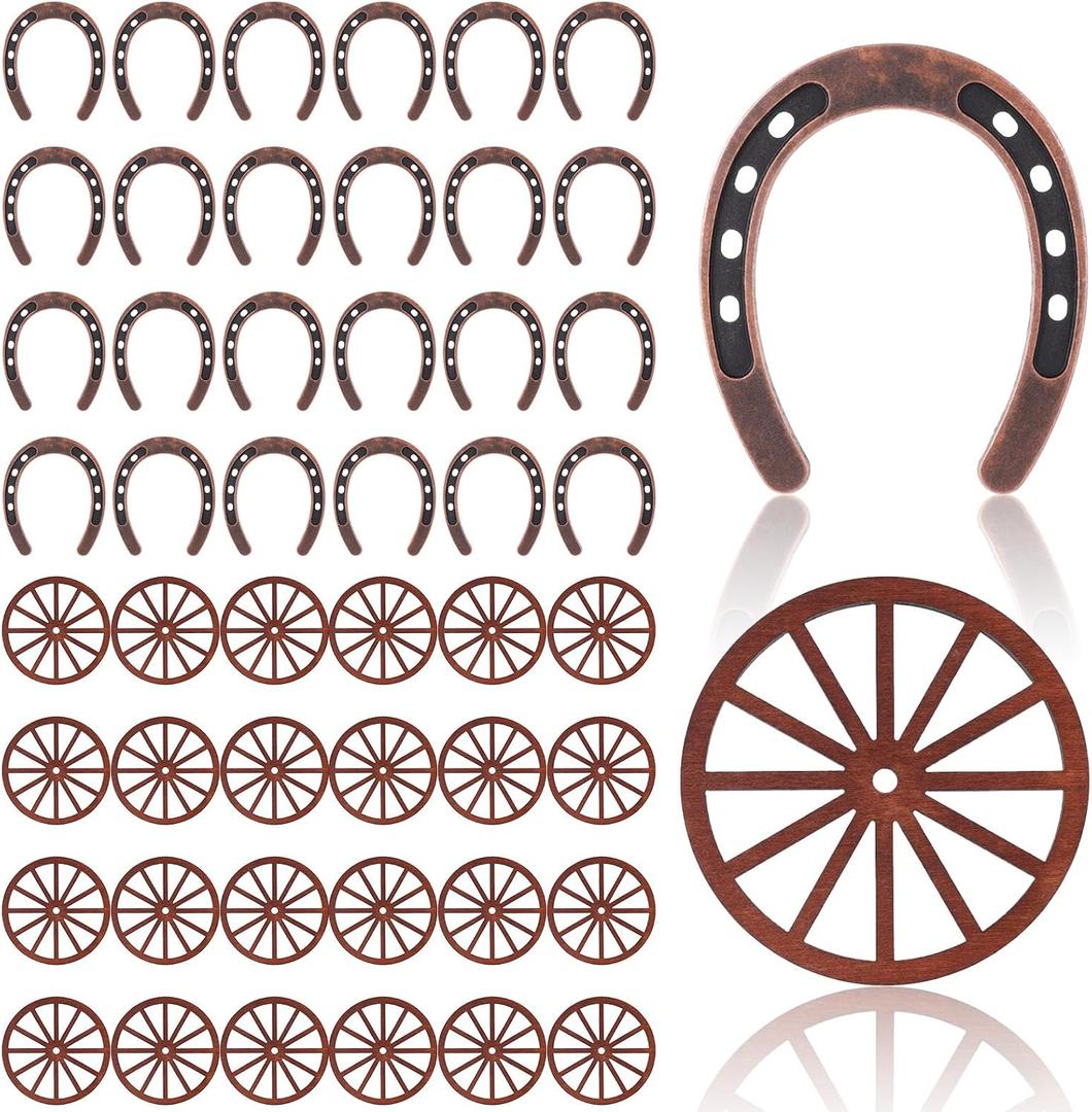 48 Pcs Horse Shoes Decor Set, Mini Wagon Wheels Horseshoes Small Horse Shoes Western Party Decorations Cowboy Cowgirl Horseshoes Party Favors Wood Metal Horseshoe Decorations