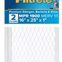 Filtrete 16x25x1 AC Furnace Air Filter, MERV 13, MPR 1900, Premium Allergen, Bacteria&Virus Filter, 3-Month Pleated 1-Inch Electrostatic Air Cleaning Filter, 2-Pack (Actual Size 15.719x24.72x0.78 in)