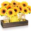 BLEUM CADE Centerpiece Table Decorations - 3Pcs Sunflowers Artificial Flowers in Mason Jars with Wood Tray for Dining Table Coffee Table Farmhouse Home Decor
