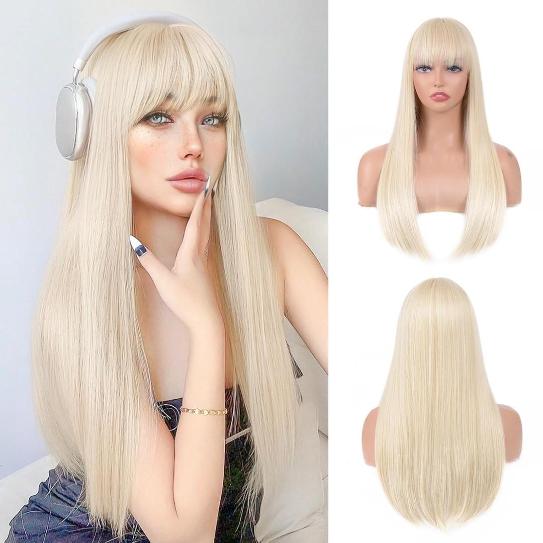 Blonde Wig with Bangs for Women  Long Straight Heat Resistant Synthetic Wig for Daily Use, Party, Halloween, Cosplay  24 Inch Blonde Wig for Girls