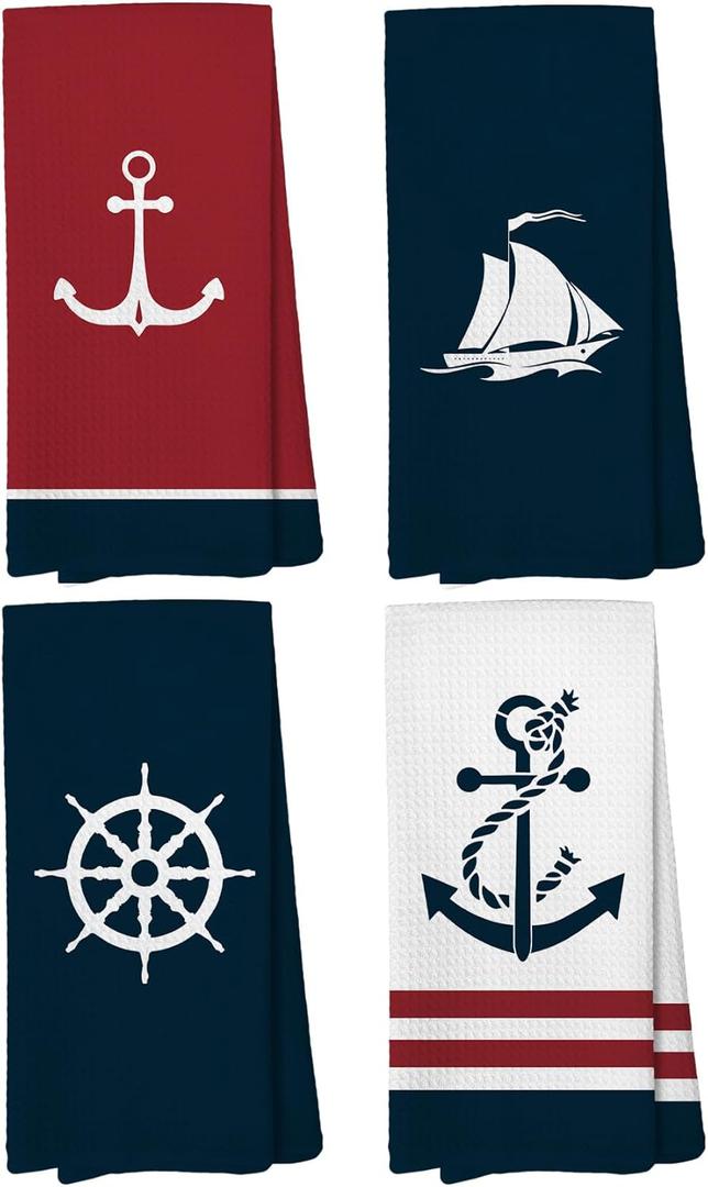 Nautical Hand Kitchen Towels, Boat Accessories,Nautical Bathroom Decor, Navy Blue Coastal Sailboat Dishtowels, Anchor Dish Towels Decoration 16 x 24 Inch Set of 4