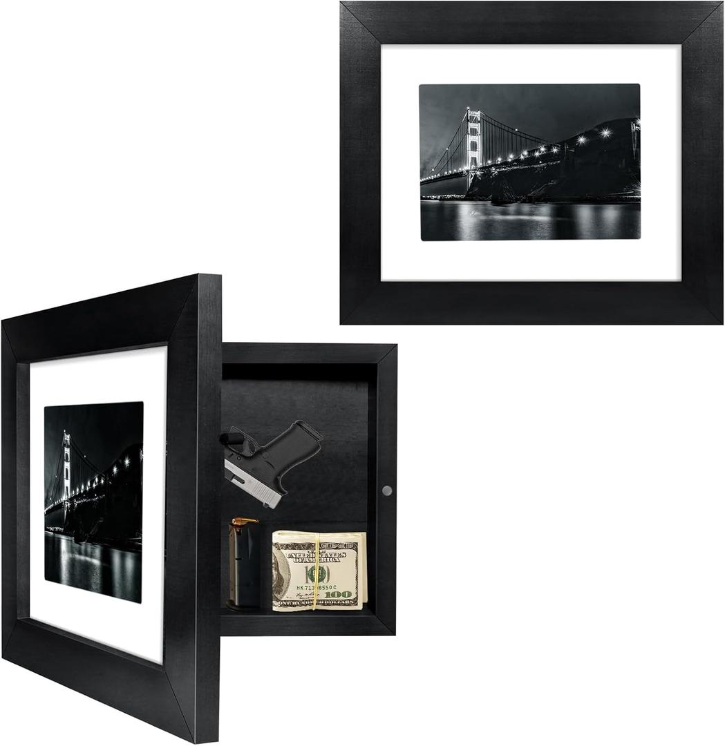 Hidden Storage Picture Frame – Lockable Pistol Size Storage Box, 11"x14" Matted to 8"x10", Concealment Furniture, Solid Wooden Secret Decor Frame