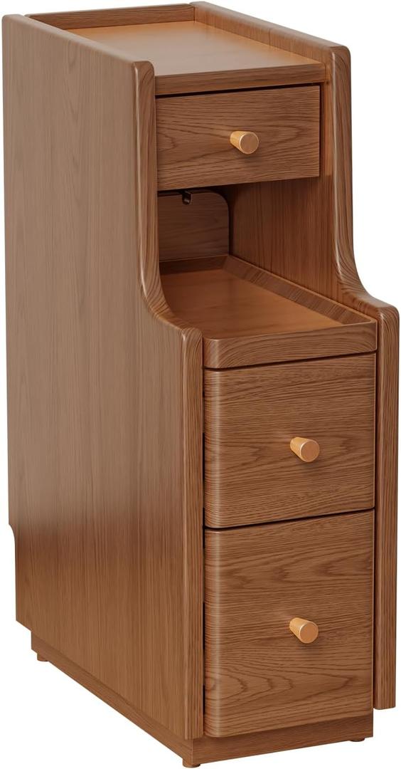 Narrow Nightstand with 3 Drawers,Solid Wood Small Nightstand Walnut, Modern Small Bedside Tables for Bedroom(Fully Assembly) (Walnut)