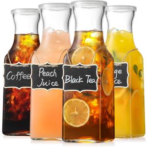 Set of 4 Square Glass Carafe with Lid, 1 Liter Clear Glass Pitcher, Beverage Server ware Carafe for Mimosa Bar, Brunch, Cold Water, Juice, Milk, Iced Tea, Lemonade