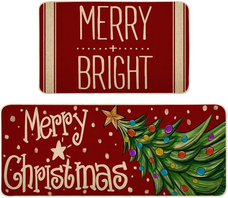 Merry Christmas Kitchen Mat Sets of 2, Winter Merry Bright Xmas Kitchen Rugs and Mats Non Skid Washable Farmhouse Style Decor for Home Kitchen Floor 17x29 and 17x47 Inch DM108
