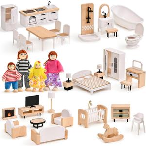 Toyssa Dollhouse Furniture Set, 36PCS Beech Wood and Plastic Miniature Doll House Accessories with Modern 5 Rooms & 4 Flexible Family Dolls, Pretend Play Toys Birthday Gift for Toddlers 3 4 5 6