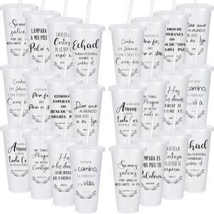24 Packs Inspirational Christian Gift for Women Men Spanish Bible Verse Tumbler Bulk 24 oz Plastic Tumblers with Lids and Straw Religious Cup Church Gifts for Sunday School (White Glitter)