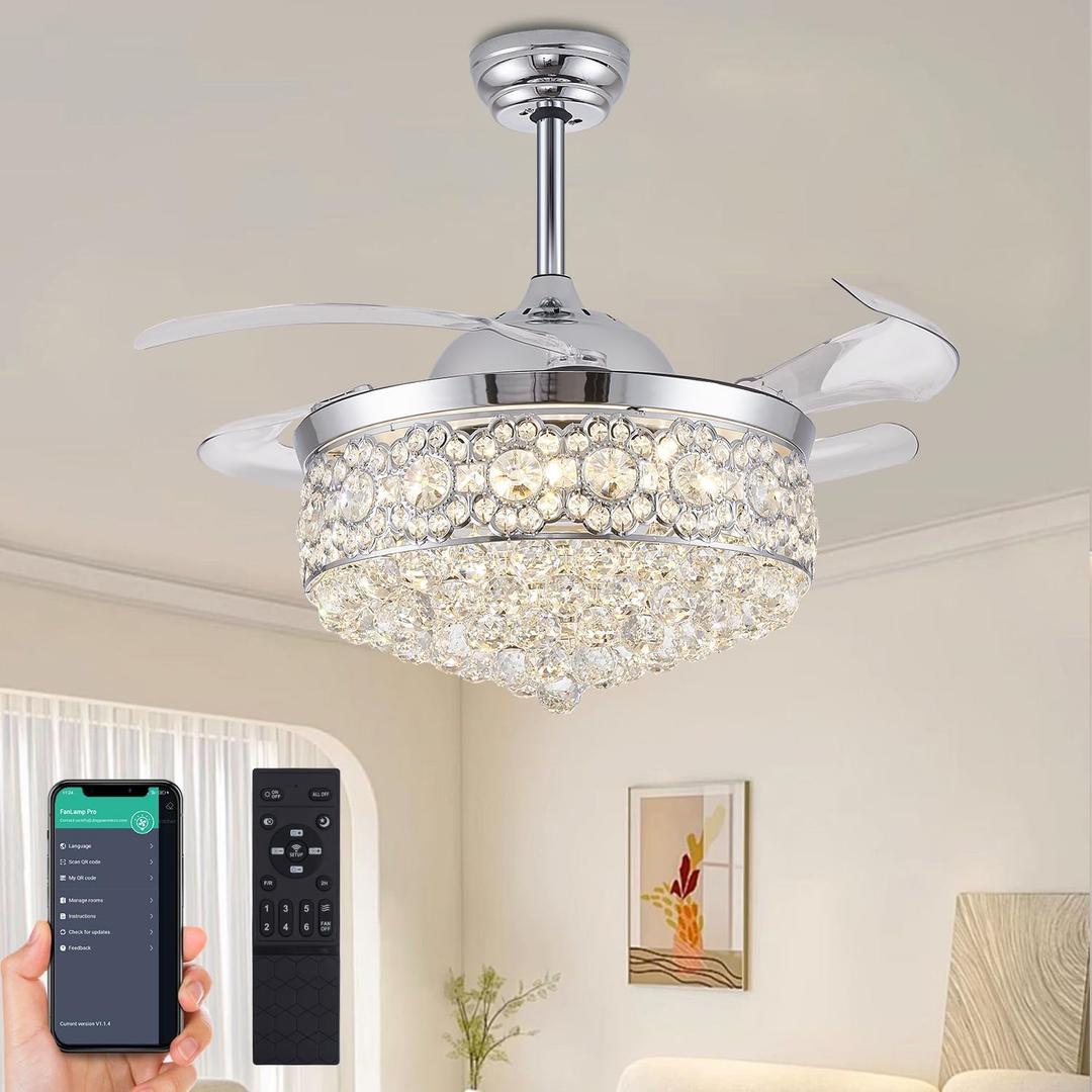 42 Inches Dimmable Fandelier Crystal Ceiling Fans with Lights and Remote, Invisible Retractable Blade Chandelier Ceiling Fan for Bedroom Living Room Dining Room-Polished Chrome