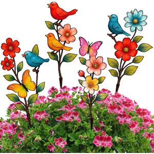 4 Pack Garden Decor for Outside Metal Flowers Garden Stakes Spring Decor 15'' Decorative Colorful Flowers Birds Butterfly Yard Art Rust Proof Plant Sticks for Yard Lawn Pathway Patio Outside