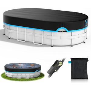 10x16 Ft Oval Pool Cover, Heavy Duty Pool Cover Protector with Ratchet Tie Downs, 420D Oxford Fabric for All Season Use - Tear Resistant, UV & Dust Proof