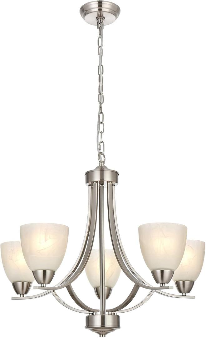 BONLICHT 5 Light Transitional Chandeliers Brushed Nickel Contemporary Dining Room Light Fixtures Ceiling Hanging Modern Pendant Lighting with Alabaster Glass Shade for Living Room Bedroom Foyer Hotel