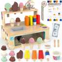 Foldable Wooden Ice Cream Toy Set Pretend Play Food Store for Toddlers, 52-Piece Kids Ice Cream Counter with Storage, Kitchen Playset Fake Money & Menu, Birthday Gift for 3 4 5 6 Year Old Girls Boys