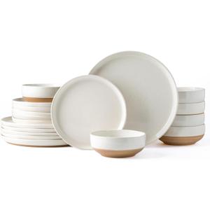 AmorArc Ceramic Dinnerware Sets for 6, 18 Pieces Handpainted Plates and Bowls Set with Rustic Terracotta Underside, Scratch Resistant Stoneware Dishes Set, Dishwasher & Microwave Safe,Light Beige