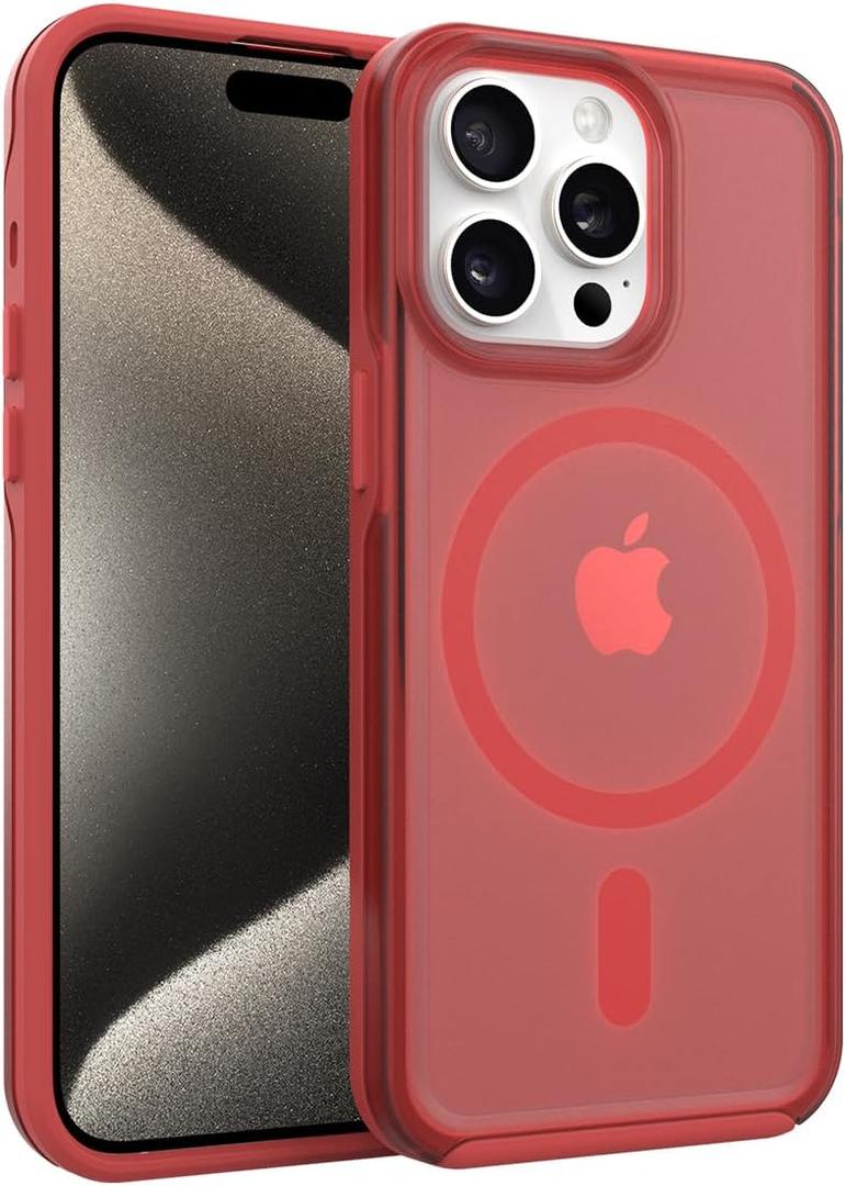 ArtsEvo Strong Magnetic for iPhone 15 Pro Max Case, Compatible with MagSafe, 360 Military-Grade Protection, Slim Translucent Matte Phone Case, Red