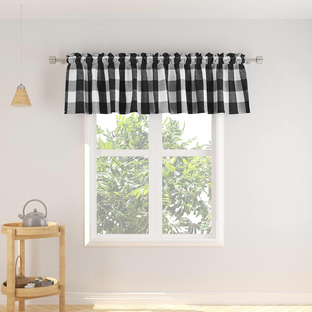 Window Curtain Valances 14 inches Long Living Room Bedroom 1 Panel Buffalo Check Small Valance Curtain Rod Pocket Classic Country Farmhouse - Black & White (90"W x 14"L (Pack of 1), Plaids Black&white)