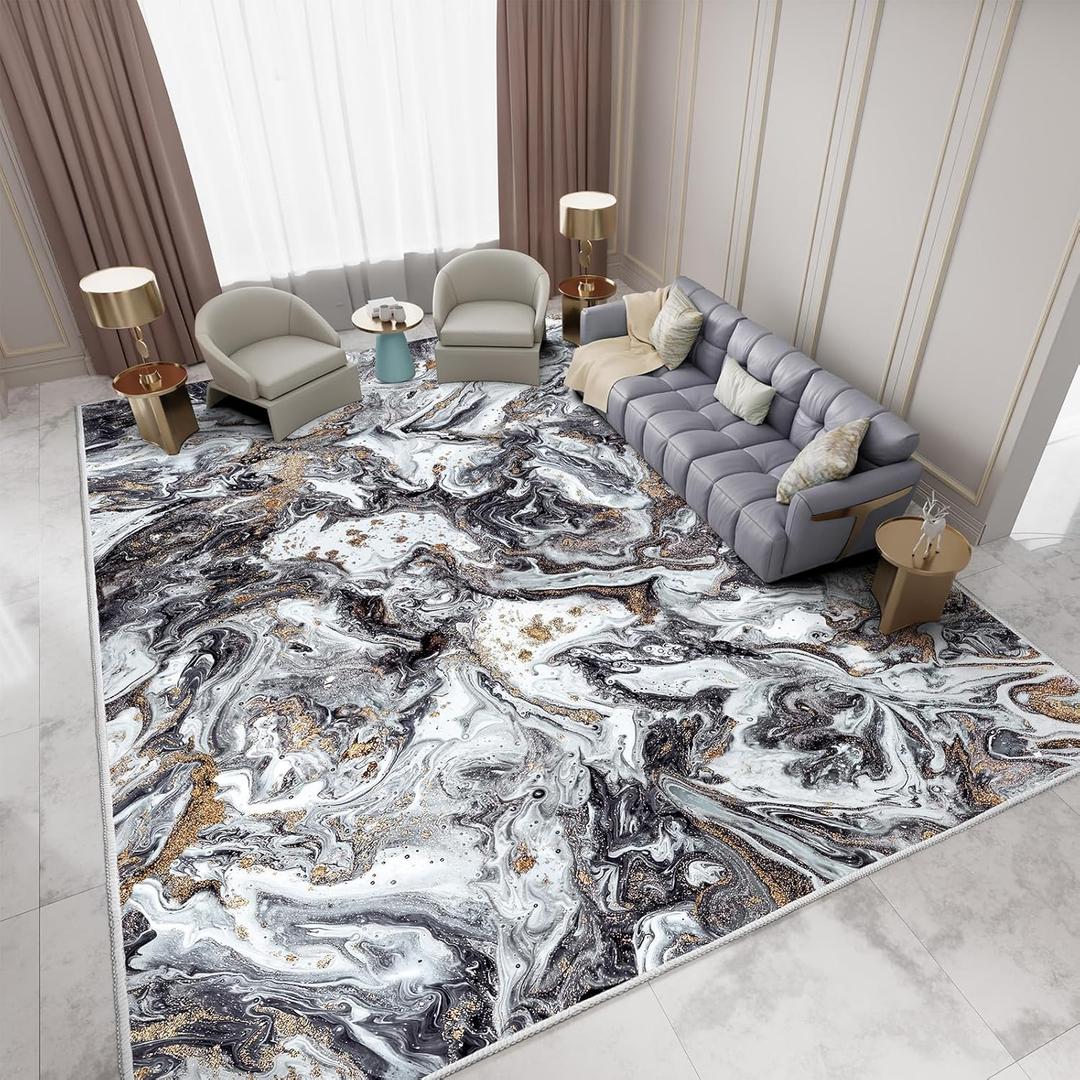 Washable Area Rug 5x7 - Artistic Style Modern Rug for Living Room Bedroom Dining Room, Soft Low Pile Machine Washable Carpet, Non Slip Non Shedding Area Rug - Black/Gold, 5'x7'