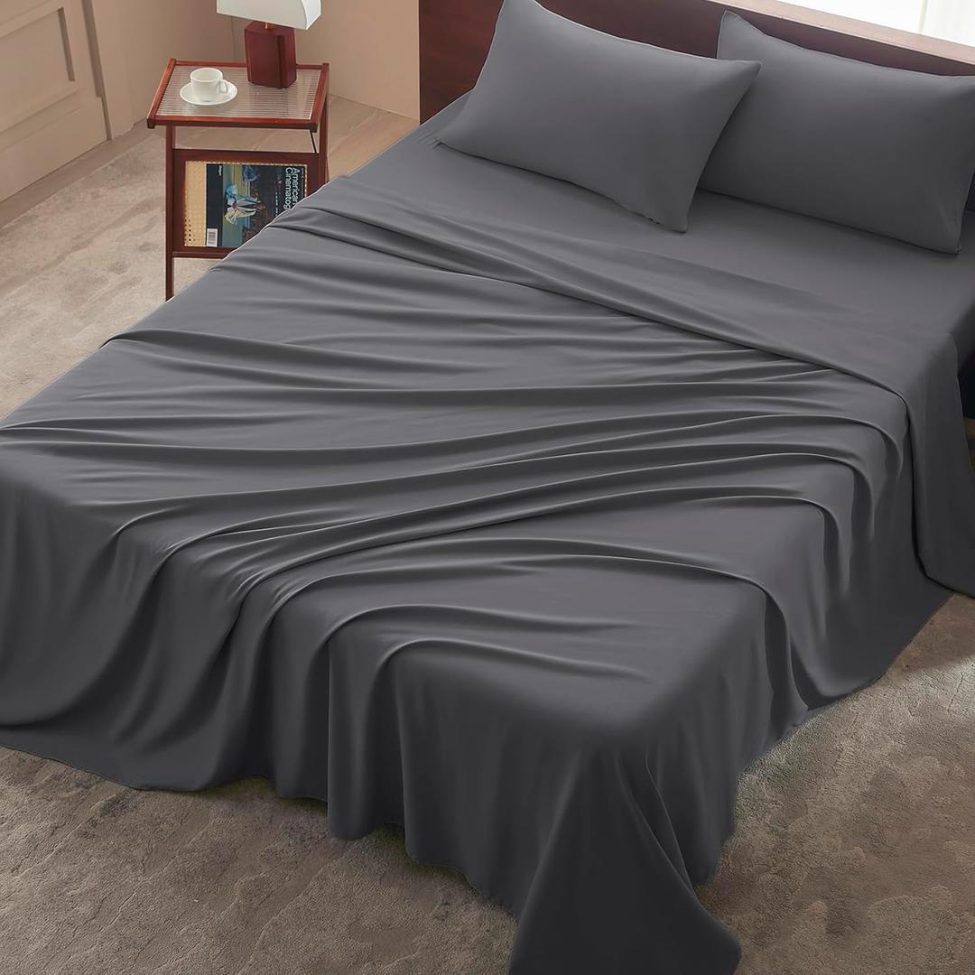 King Size 4 Piece Sheet Set - Comfy Breathable & Cooling Bed Sheets Set, Soft and Wrinkle Free, Deep Pockets, Easy & Secure Fit, Hotel Luxury Bedding - Oeko-Tex - Dark Grey