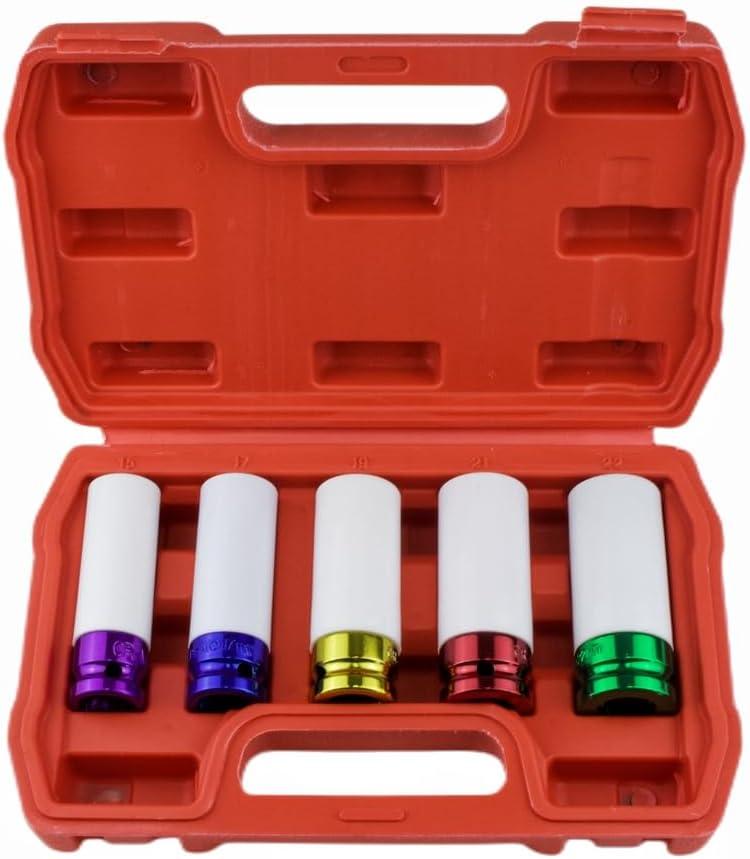 5-Pieces 1/2 Inch Lug Nut Socket Set, Drive Wheel Protector Socket, Deep Non-marring Impact Socket Set for Tire Protection (15mm 17mm 19mm 21mm 22mm)