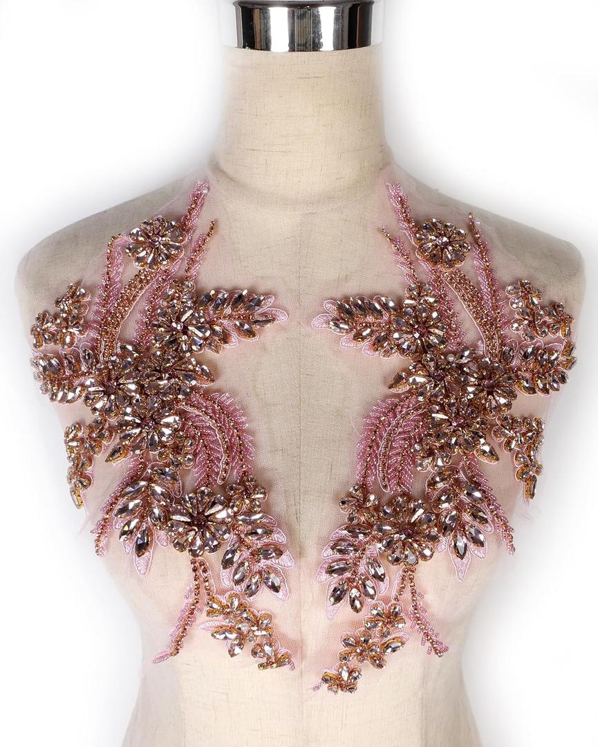 Hand-Made Beaded Rhinestons DIY Clothing Appliques Patch,Beaded Applique for Wedding Dress Decoration Light Pink Flower Applique by Pair (Pink-B)