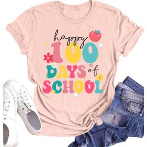 Womens Happy 100 Days of Shcool Shirts Funny Teacher Graphic Shirt Teach Life Gifts Tees Tops (Medium, Pink)