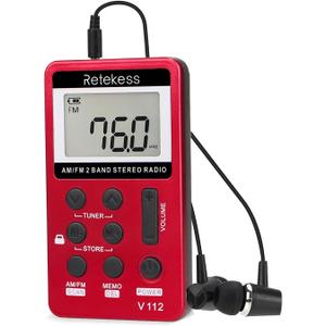 Retekess V112 AM FM Portable Pocket Radio, FM Receiver, Digital Tuning Stereo, with Headphones, Rechargeable Battery, for Walking, Jogging, Training, Church (Red)