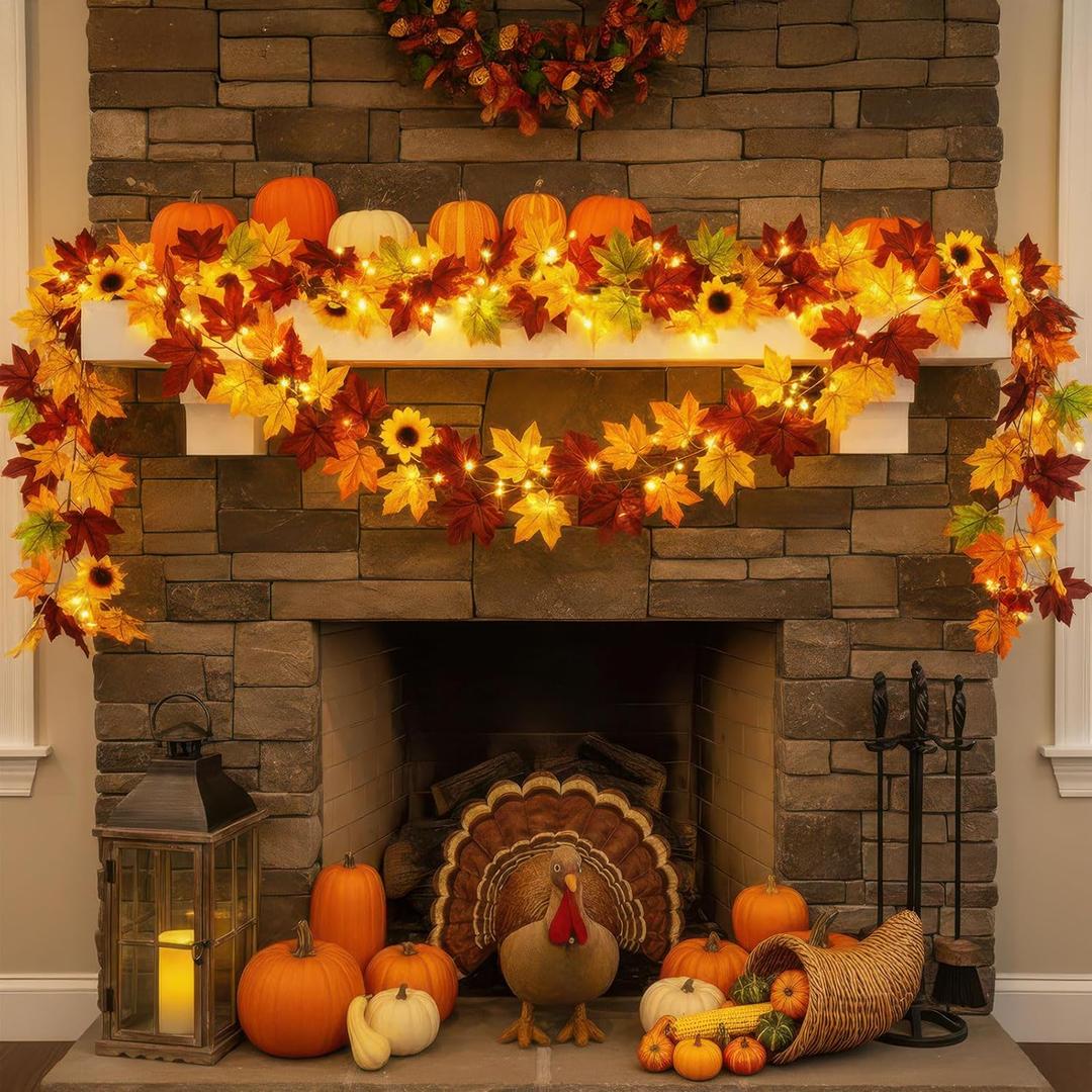 2 Pack Fall Garland Maple Leaf, 5.6Ft/Piece Hanging Vine Garland with lightsArtificial Autumn Foliage Garland artificial sunflower Thanksgiving Decor for Home Wedding Fireplace Party Christmas