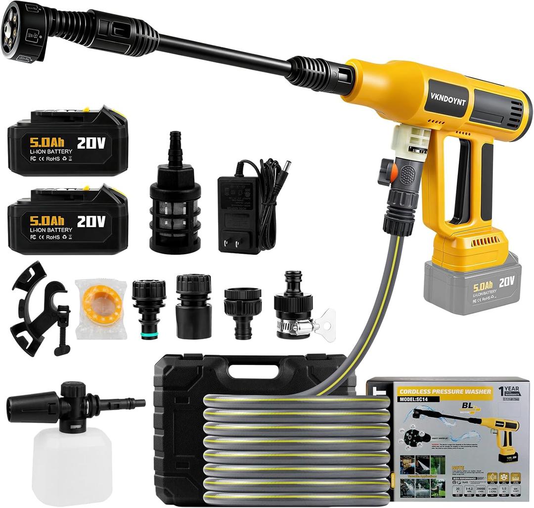 Cordless Pressure Washer, 2000PSI MAX Portable Pressure Washer with Brushless Motor, 2 X 5.0AH Batteries, 4 Speed Adjustment LCD Touch Screen, 6-in-1 Nozzle, with Garden Hose & Faucet Connectors