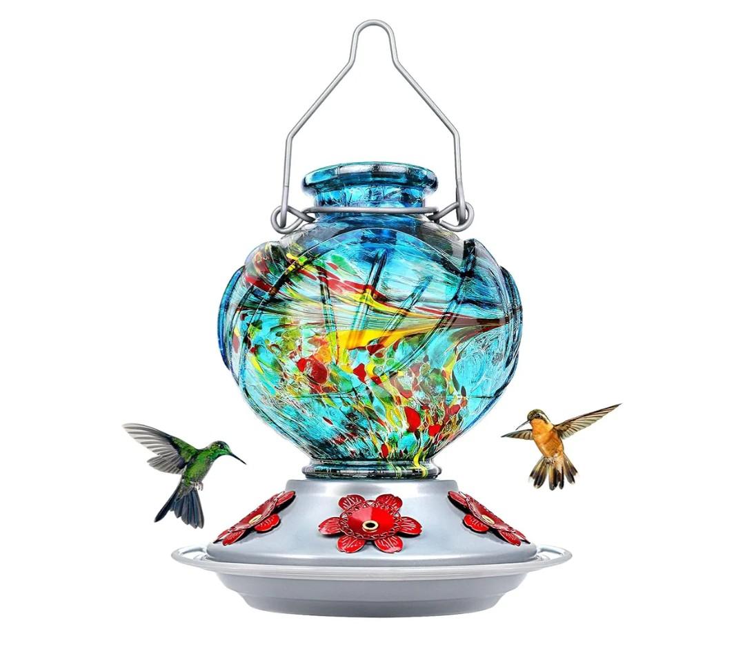 BOLITE Hummingbird Feeder, Hand Blown Glass Hummingbird Feeders for Outdoors Hanging, with Ant Moat and 5 Feeding Ports, 22 Ounces, Peony Flower Shape, Blue, Gifts for Women Men, Gifts for Mom Dad