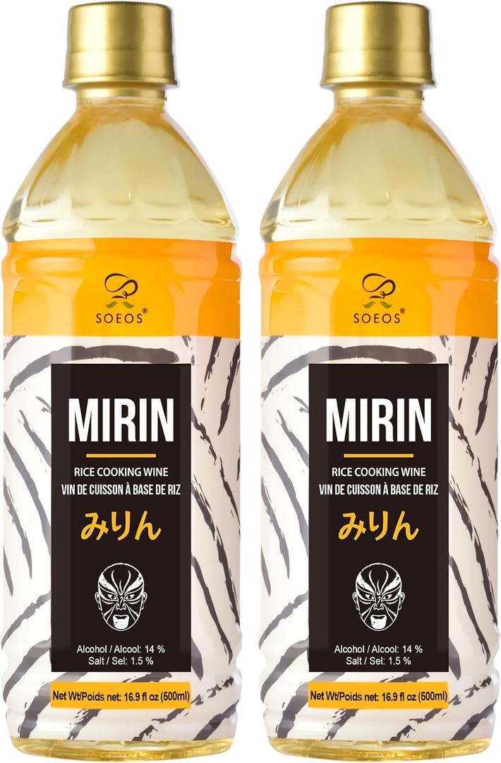 Soeos Mirin Japanese Cooking Wine, 16.9 fl oz (Pack of 2), Authentic Natural Sugar Sweet Rice Cooking Wine for Cooking, Condiments, Seasoning Homemade Sauces, Japanese Seasoning