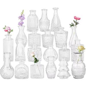 Set of 20 Glass Bud Vases,Small Clear Vases,Wedding Centerpiece Table Decorations,Clear Vintage Embossed Mini Vases,Flower Arrangements in for Party or Home Decor