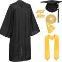 Unisex Adult Matte Graduation Cap and Gown Set with Honor Cord Gold Stoles for College School Bachelor Graduates (Black)