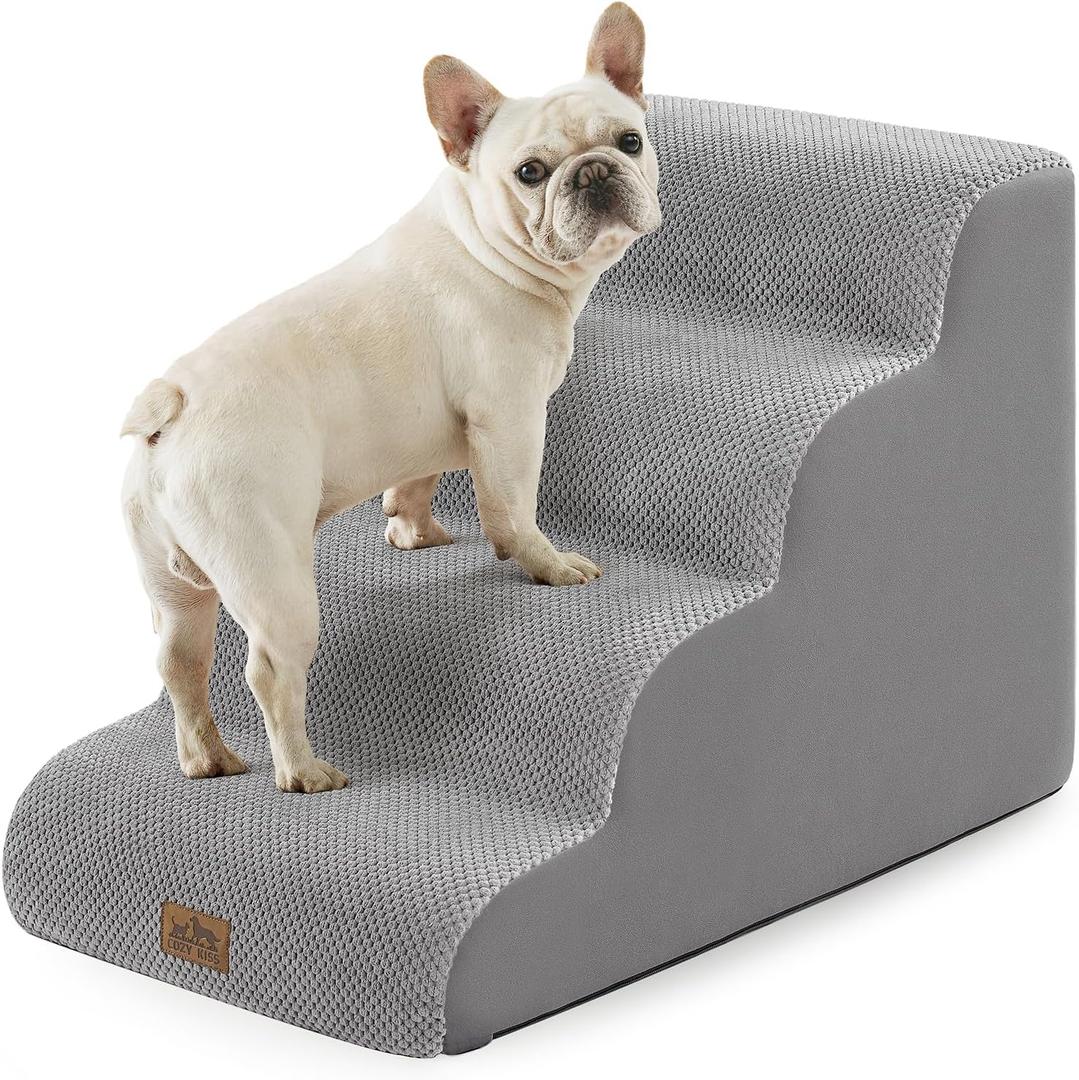 COZY KISS Wide Dog Stairs for Small Dog 19.7" H, Pet Step for Puppy, Older Cat, Curved Ramp for High Bed or Car, Stairs with High Density Foam, Lightweight, Durable, 4 Step, 17.7x28x19.7 inch, Grey