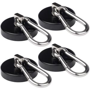 Magnetic Hooks 170lbs Heavy Duty Black Magnet Hooks with Swiveling Carabiner for Hanging Refrigerator Strong Large Neodymium Magnet (170LBS-4PACK-BLACK)