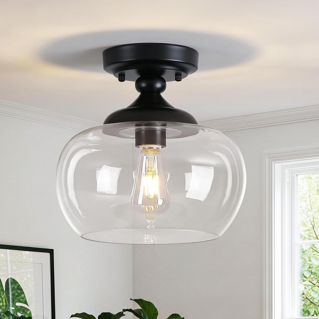 Modern Semi Flush Mount Ceiling Light, 11.8" Black Ceiling Light Fixture with Clear Glass Shade, Industrial Farmhouse Ceiling Lamp for Entryway, Hallway, Kitchen, 1-Light E26 Base