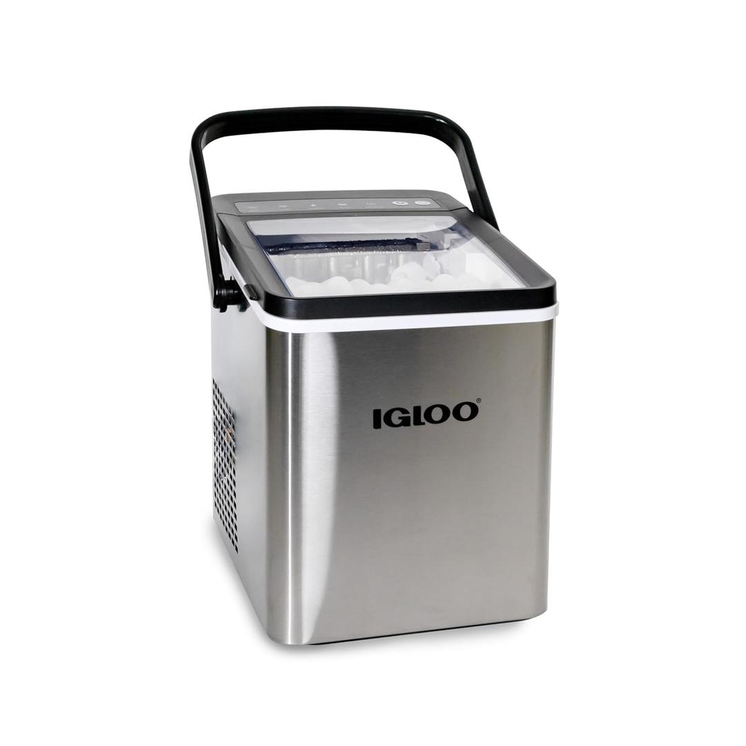 Igloo Handled Portable Ice Maker with Scoop- Ice Maker with LED Control Panel & 1 Quart Water Tank-Ice Cube Maker Produces 26 Lbs of Ice in 24 Hours with 9 Large or Small Cubes In 7 Minutes- Stainless