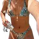 MakeMeChic Women's Tropical Boho Triangle Thong Bikini Sets Zebra Cheetah Bathing Suit Swimsuits, Medium