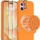 Magnetic for iPhone 16 Case, Compatible with Magsafe, Suction Cup Phone Mount, [2 Screen Protectors][Camera Lens Protector] Silicone Shockproof Protective Slim Phone Cover 6.1", Orange