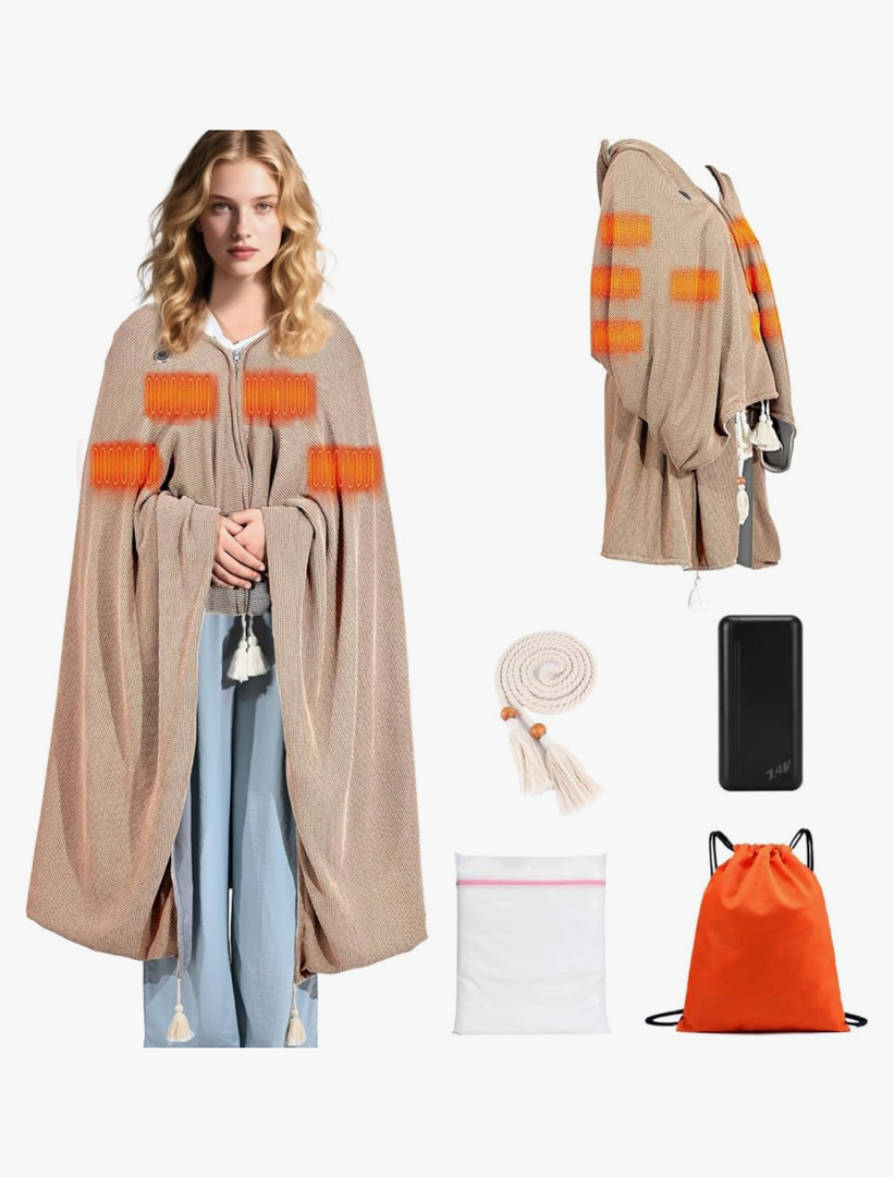 71" x 43" Wearable Heated Blanket, 20,000mAh 7.4V Power Bank, 3 Heat Levels, 11 Panels, Machine Washable, Laundry Bag & Belt