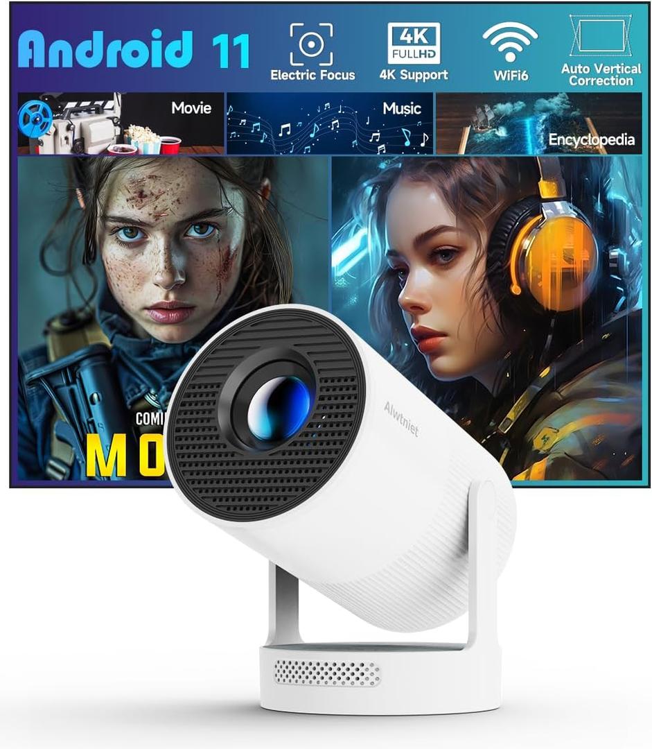 Mini Projector with Wifi6 and Bluetooth5.4, Android 14 Smart Portable Projector 4K Support, 260 ASIN & Auto Keystone & 5W Speaker, Alwtniet HY300Ultra White Proyector for Bedroom Movie Home Outdoor