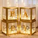 Lovelite Baby Boxes with Letters for Baby Shower, 4 Clear Balloon Boxes with LED Fairy String Lights for Gender Reveal Decorations Boys Girls Birthday Wedding Party Backdrop, Gold