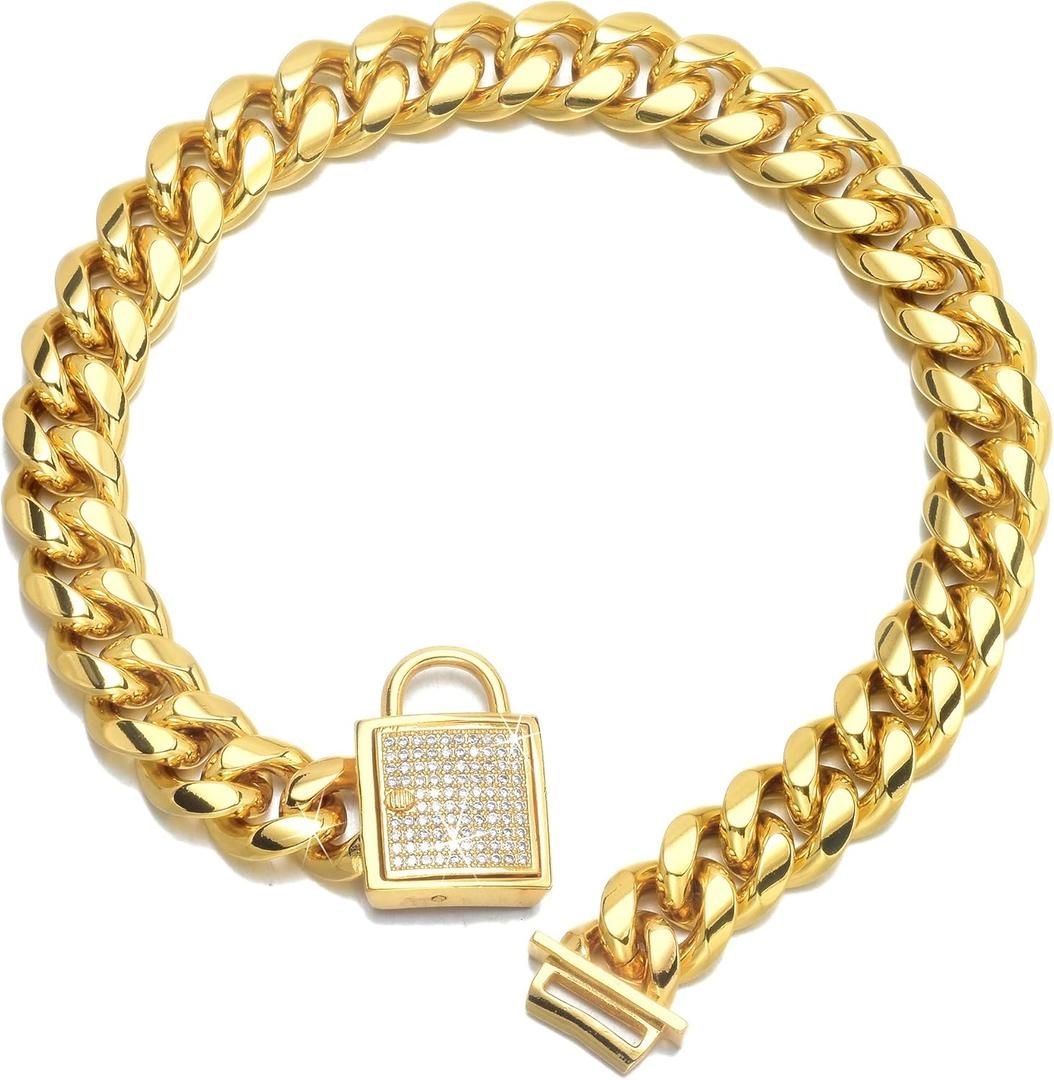 Designer Dog Collar Gold Metal Stainless Steel with Zirconia Lock 14mm 18K Gold Big Dog Luxury Training Collar Cuban Lock Link Necklace Chain(22 inch)