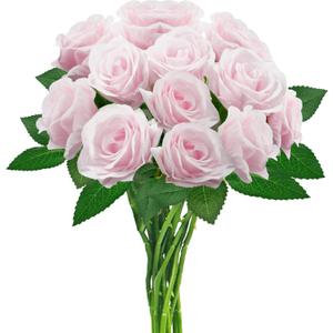 hailanbao Pink Artificial Roses with Long Stems, 12Pcs Realistic Roses Artificial Flowers, Faux Roses | Bulk Fake Flowers for Home Decor, Wedding Party Table Centerpieces, DIY Bouquet