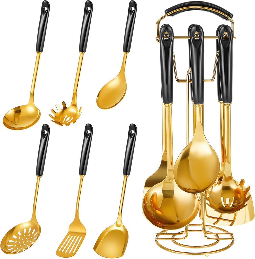 7 Pcs Black and Gold Cooking Utensils Set, Stainless Steel Kitchenware Gift with Hanging Shelf, Slotted Spoon, Slotted Spatula, Large, Soup Ladle, Spatula, Pasta Spoon, Easy to Clean