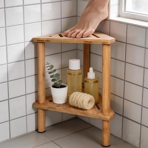 Yoshiky Shower Foot Rest 15in, Shower Stool for Shaving Legs, Waterproof Wood Corner Shower Stool with Storage Shelf for Inside Small Shower Spaces, Bamboo