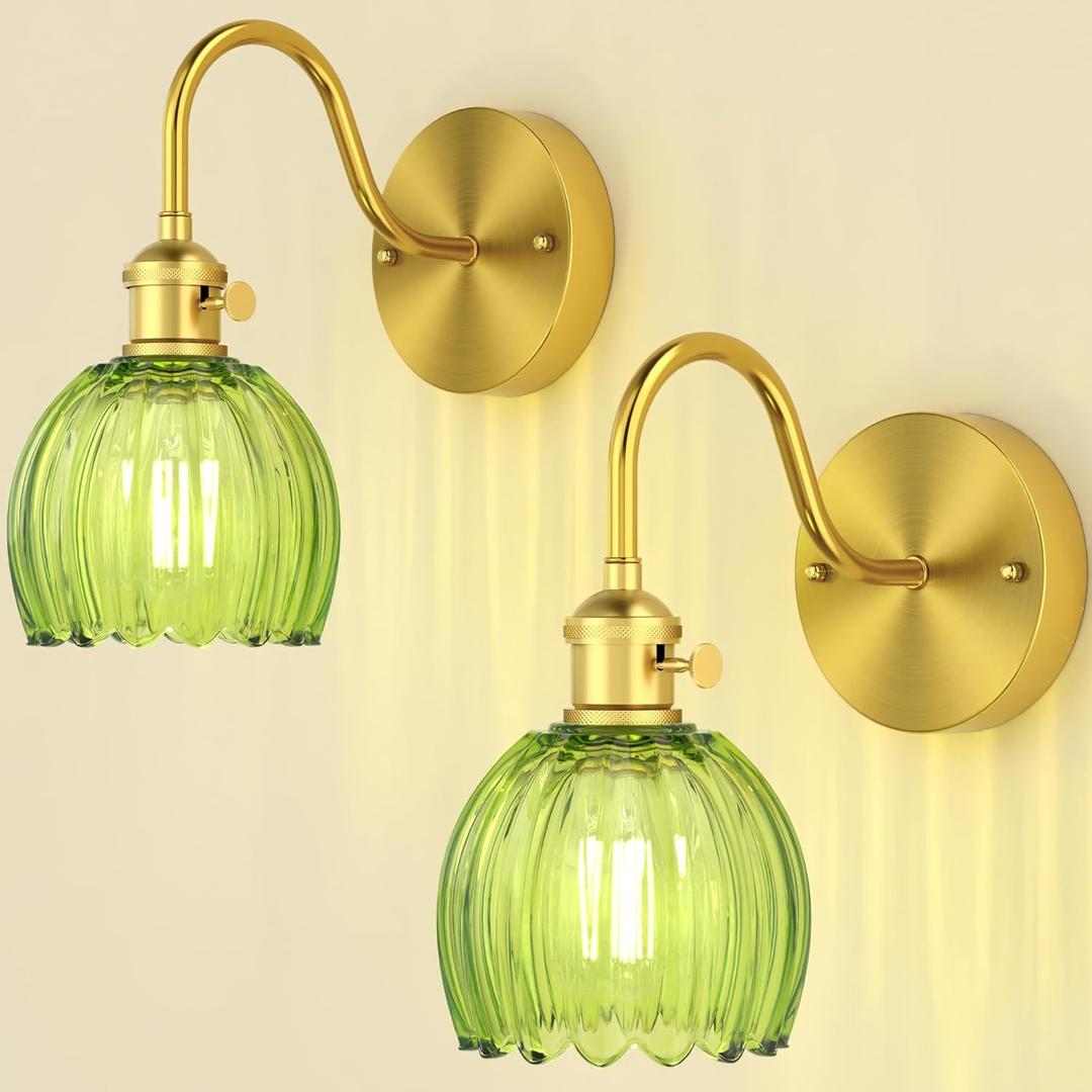 Vintage Tulip Green Glass Shade Hardwired Wall Sconce  2 Pack Brass Mid Century Light Fixture for Bedroom Living Room Dining Room Hallway