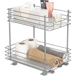 Household Essentials Glidez Steel Pull-Out/Slide-Out Storage Organizer with Plastic Liners for Under Cabinet or Wire Shelf Use - 2-Tier Design - Fits Standard Size Cabinet or Shelf, Brushed Silver