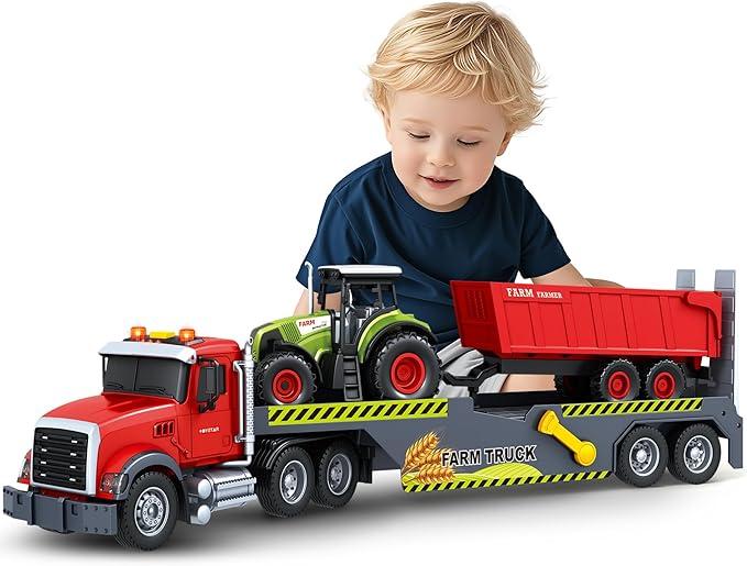 SpringFlower 21“ Extra Large Truck Toy, 3 4 5 6 Boys Toys with Tractors and Dump Truck, 3 in 1 Vehicle Toy with Sounds & Lights, Christmas Birthday Gift Kids Boy Toddlers Age 3 4 5 6 7