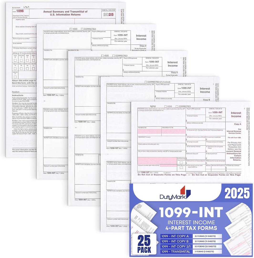 1099 INT Tax Forms 2025 Interest Income Set, 4 Part 25 Pack, Great for QuickBooks and Accounting Software 25 Laser Form Sets for Interest Income, 1099-INT 2025